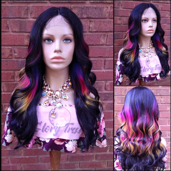 Rainbow Wavy Lace Front Wig HD Lace Synthetic Ombre Wigs for  display picture 2