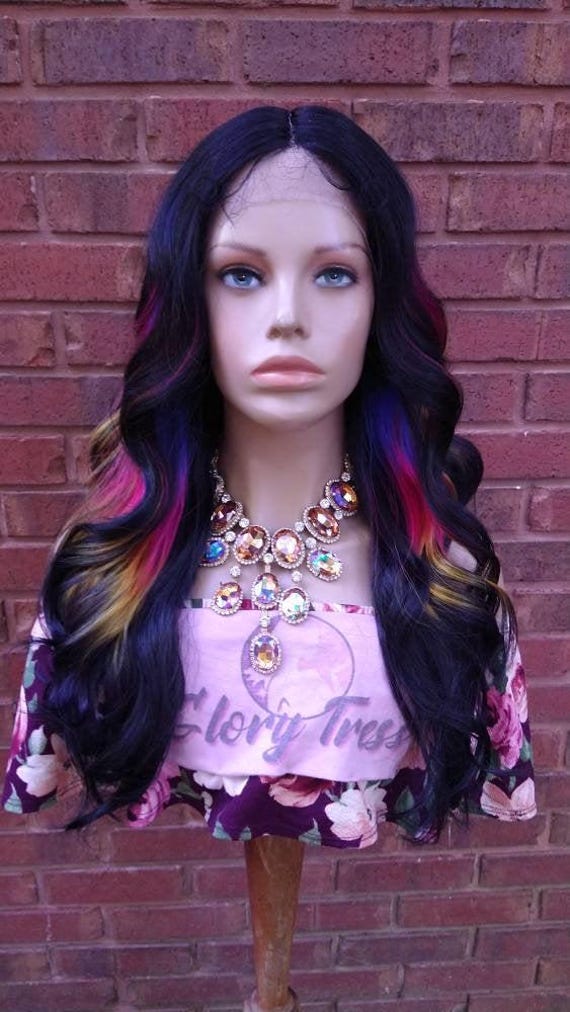 Rainbow Wavy Lace Front Wig HD Lace Synthetic Ombre Wigs for  display picture 3
