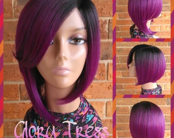 READY To SHIP // Short Bob Full Wig, Ombre Purple Bob Wig, Yaki Straight Bob Full Wig, Lace Parting// PRAY