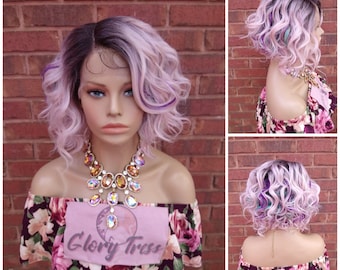 Wavy Bob Lace Front Wig For Women Ombre Baby Pink Rainbow Wig Glory Tress Chemo Alopecia Wigs Gift For Her // DIVA