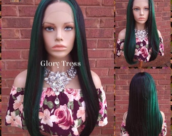 Straight Lace Front Wig, Human Hair Blend, 13X6 Free Parting, HD Lace Frontal, Glory Tress, Black Wig, Green Wig // JOY