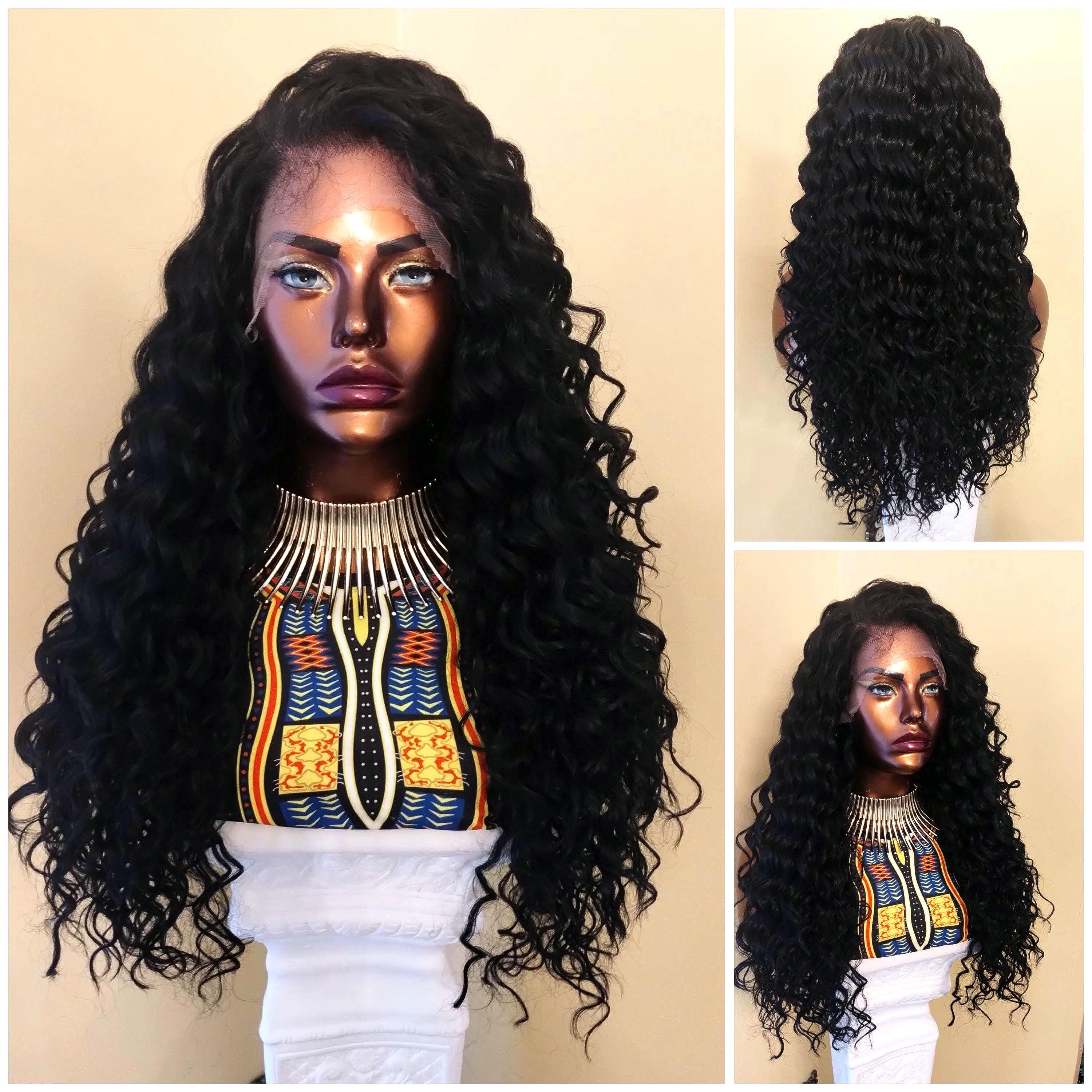 Black long lacefront curly freepart wig Alopecia 4GIRL4EVER 24 Inch Deep Wave Lace Front Wig Human Hair 180  main image 2