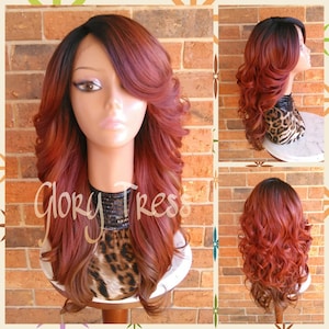 Long & Curly Lace Front Wig, Glory Tress Wigs, Ombre Copper Red Wig, Auburn Wig, Dark Rooted Bombshell Wig // SALVATION