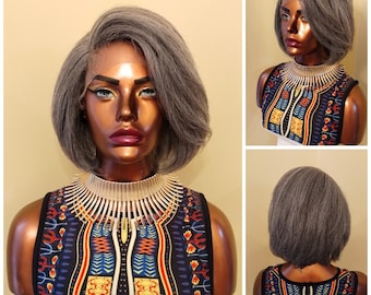 ON SALE Sliver Gray Yaki Straight Lace Front Wig Salt & Pepper Gray Bob Wig For Women Wig Synthetic Wig Alopecia Chemo Glory Tress/STERLING5