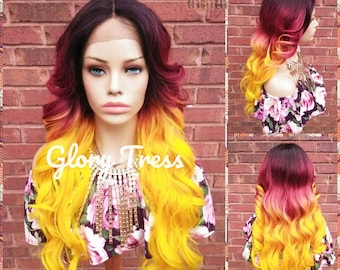 CLEARANCE // Wavy Lace Front Wig, Ombre Burgundy, Glory Tress, Ombre Yellow, Cosplay Wig, Heat Safe,// DIVA