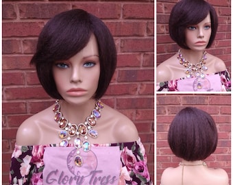 Brown Full Cap Wig, Yaki Straight Bob Wig, Wig With Bangs, Glory Tress, Medium Brown Wig//MARTHA