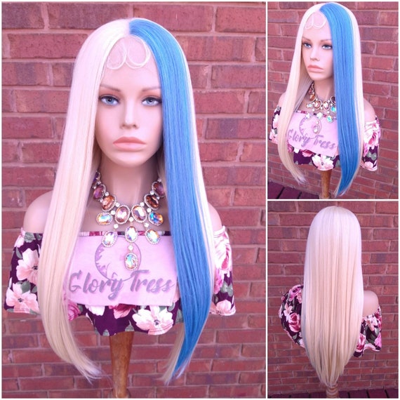 Blonde & Blue Lace Front Wig, Straight Wig With HD Lace  display picture 3