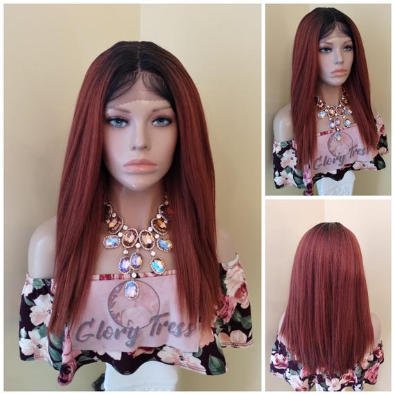Lace Front Wig Ombre Copper Red Yaki Straight Wigs for Women  display picture 3