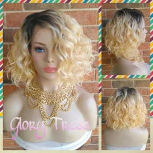 ON SALE // Short & Wavy Bob Lace Front Wig, 100% Human Hair Blend, Ombre 613 Blonde // DELIGHT ( Free Shipping)