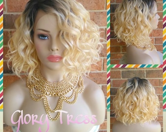 ON SALE // Short & Wavy Bob Lace Front Wig, 100% Human Hair Blend, Ombre 613 Blonde // DELIGHT ( Free Shipping)