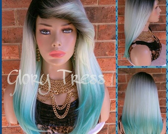 Wigs, Straight Wig, Full Cap Wig, Ombre Green Wig, Green Wig, Dark Rooted Wig, Yaki Wig, On Sale // VIRTUE (Free Shipping)