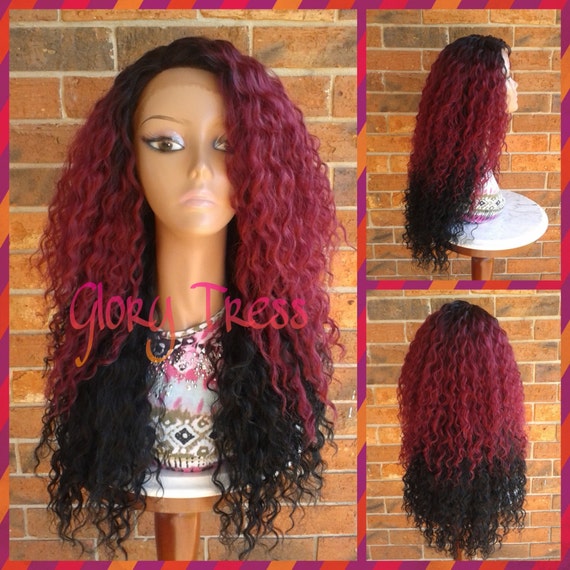 ON SALE// Long Kinky Curly Lace Front Wig, Ombre Wig, Black  display picture 2