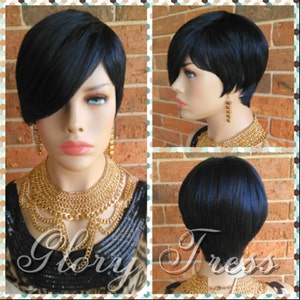 Short Razor Cut Full Wig, Pixie Cut Hairstyle With Long Side Bangs, Blue Black Wig // REJOICE
