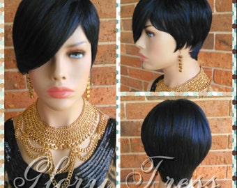 READY To SHIP // Short Razor Cut Full Wig, Pixie Cut Hairstyle With Long Side Bangs, Blue Black Wig // REJOICE