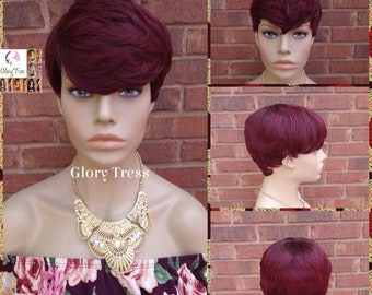 Wig Pixie Short Cut Swoop Bang Ombre Burgundy Red Wine Hair  display picture 3