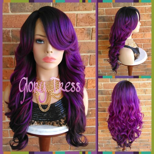 Curly Lace Front Wig, Glory Tress, Ombre Purple Wig, Dark  display picture 1