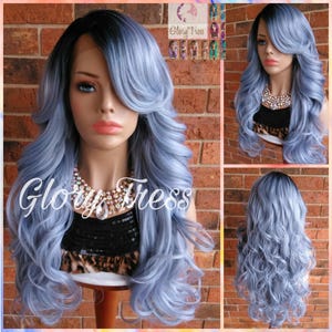 READY To SHIP // Long & Curly Lace Front Wig, Ombre Silver Blue Wig, Dark Rooted Bombshell Wig // SALVATION