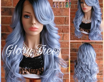 Long & Curly Lace Front Wig, Ombre Silver Blue Wig, Dark Rooted Bombshell Wig, Glory Tress, Halloween Cosplay Costume Wigs// SALVATION