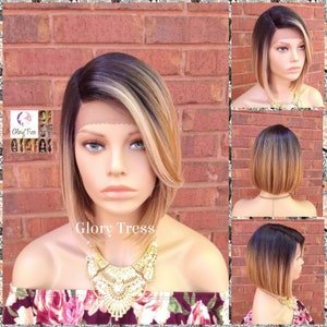 Korte en chique bob pruik met kant, ombre blonde pruik, Glory Tress, bob met pony, highlights van het geldstuk // BRILJANT