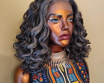 Silver Gray Yaki Curly Lace Front Wig: Salt And  Pepper Gray, Free Parting, Alopecia Chemo Friendly, Glory Tress - STERLINGQUEEN5