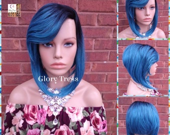 Blue Bob Wig - Ombre Turquoise Bob Wig - Yaki Straight Bob Full Wig - Lace Parting - Ready To Ship// TREASURE