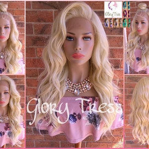 ON SALE // Long Glamorous Wavy Lace Front Wig, 100% Human Blend Wig, Platinum Blonde Wig, Free Parting, Glory Tress //ANGEL