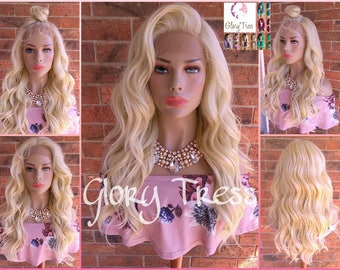 ON SALE // Long Glamorous Wavy Lace Front Wig, 100% Human Blend Wig, Platinum Blonde Wig, Free Parting, Glory Tress //ANGEL