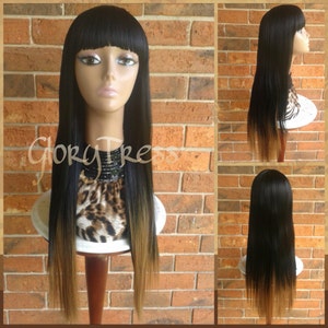 ON SALE // Celebrity Inspired China Bangs Full Wig, 100% Human Hair Blend Wig,  Long & Straight Ombre Blonde Wig // EGYPT(Free Shipping)