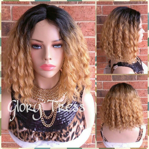 On Sale Celebrity Inspired Hairstyle Short Wavy Bob Wig Ombre Caramel Blonde Full Wig With Lace Part Gold