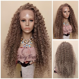 Ash Blonde Curly Lace Front Wig, Human Hair Blend, HD Lace Frontal, 13x6 Free Parting, Glory Tress // JOYFUL