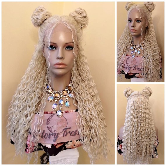 Curly Lace Front Wig, Pre Styled Space Bun, Platinum Blonde 