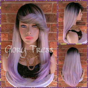 READY To SHIP //Long & Straight Full Wig, Ombre Lavender Wig, Purple Wig, Dark Rooted, Yaki Textured Wig // VIRTUE (Free Shipping)