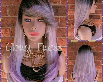 READY To SHIP //Long & Straight Full Wig, Ombre Lavender Wig, Purple Wig, Dark Rooted, Yaki Textured Wig // VIRTUE (Free Shipping)