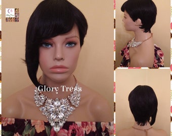 Short Razor Cut Full Wig With Side Bangs, Pixie Cut, 100% Human Hair Wig, Black Wig, African American Wig, Ready To Ship //DIVINE
