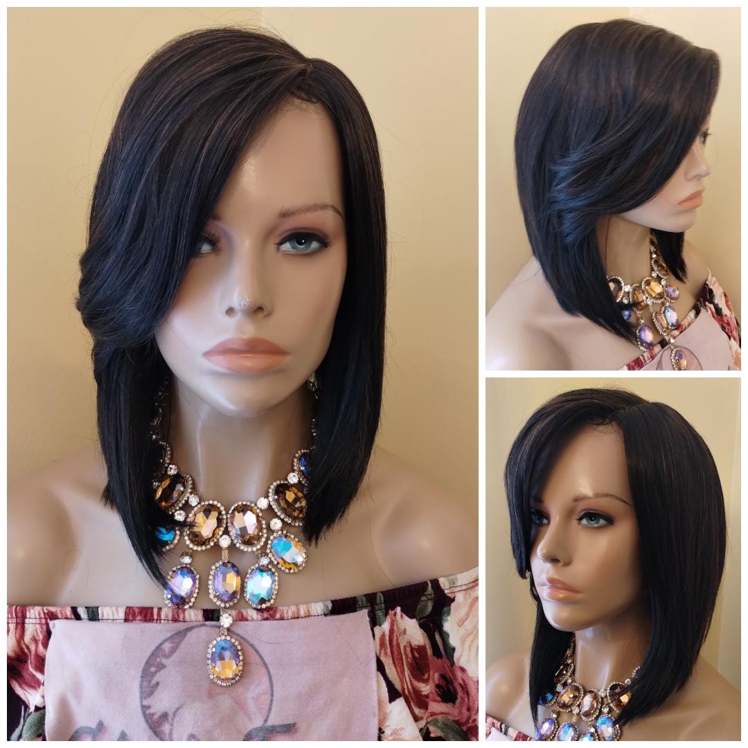 Volledige bob-pruik, lange gelaagde bob-pruik, zwarte en kastanjebruine  pruik, rechte volledige pruik, kanten scheiding, Glory Tress,  alopecia-chemo-pruik // VROLIJK - Etsy België, image size:1080x1080