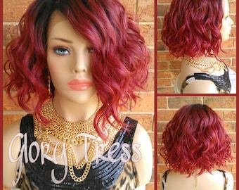 14-inch Red Ombre Wavy Bob Wig | Small Lace Front Dark Root  display picture 2