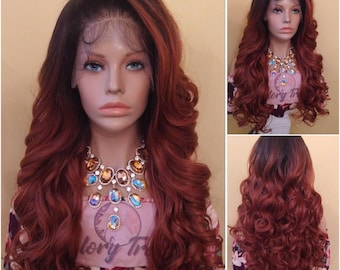 Curly Lace Frontal Wig Pre-Plucked HD Lace Wig Yaki Human Hair Blend Wig Ombre Copper Red For Women 13X6 Free Parting Glory Tress- PRINCESS