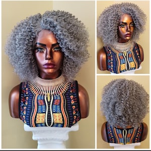 Kinky Curly Lace Front Wig, Silver Gray Wig, Salt & Pepper Wigs For Mature Women, African American Wig, Alopecia Chemo Glory Tress //WISDOM1
