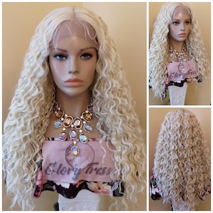 Curly Lace Front Wig, Human Hair Blend, 13X6 Free Parting, HD Lace Frontal, Glory Tress, 613 Golden Platinum Blonde Wig // SOLACE