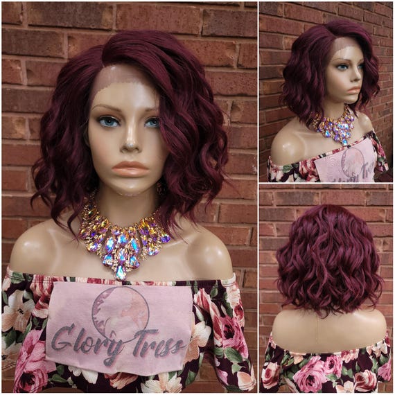 Wavy Bob Lace Front Wig, 100% Human Hair Blend, Ombre Red  display picture 1