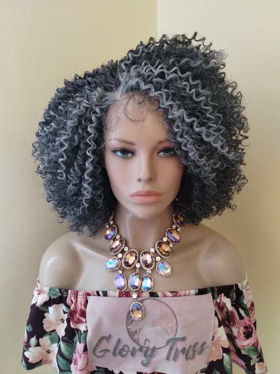 Kinky Curly Lace Front Wig, Silver Gray Wig, Salt & Pepper  display picture 3