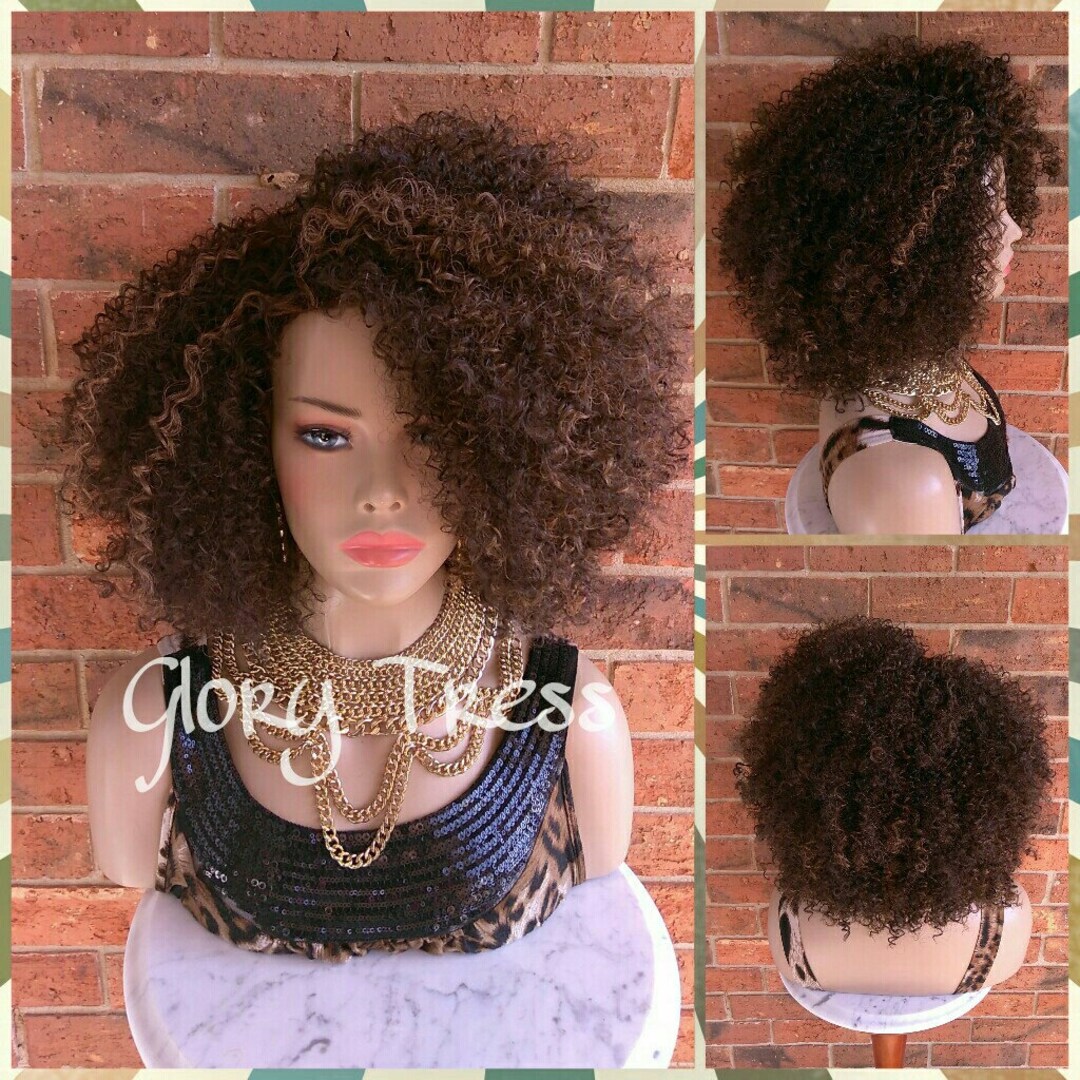 Perruque Afro Courte Bouclée Kinky Curly - Style Semi-naturel Marron Clair - Bonnet Moyen - Neuf Sans étiquettes