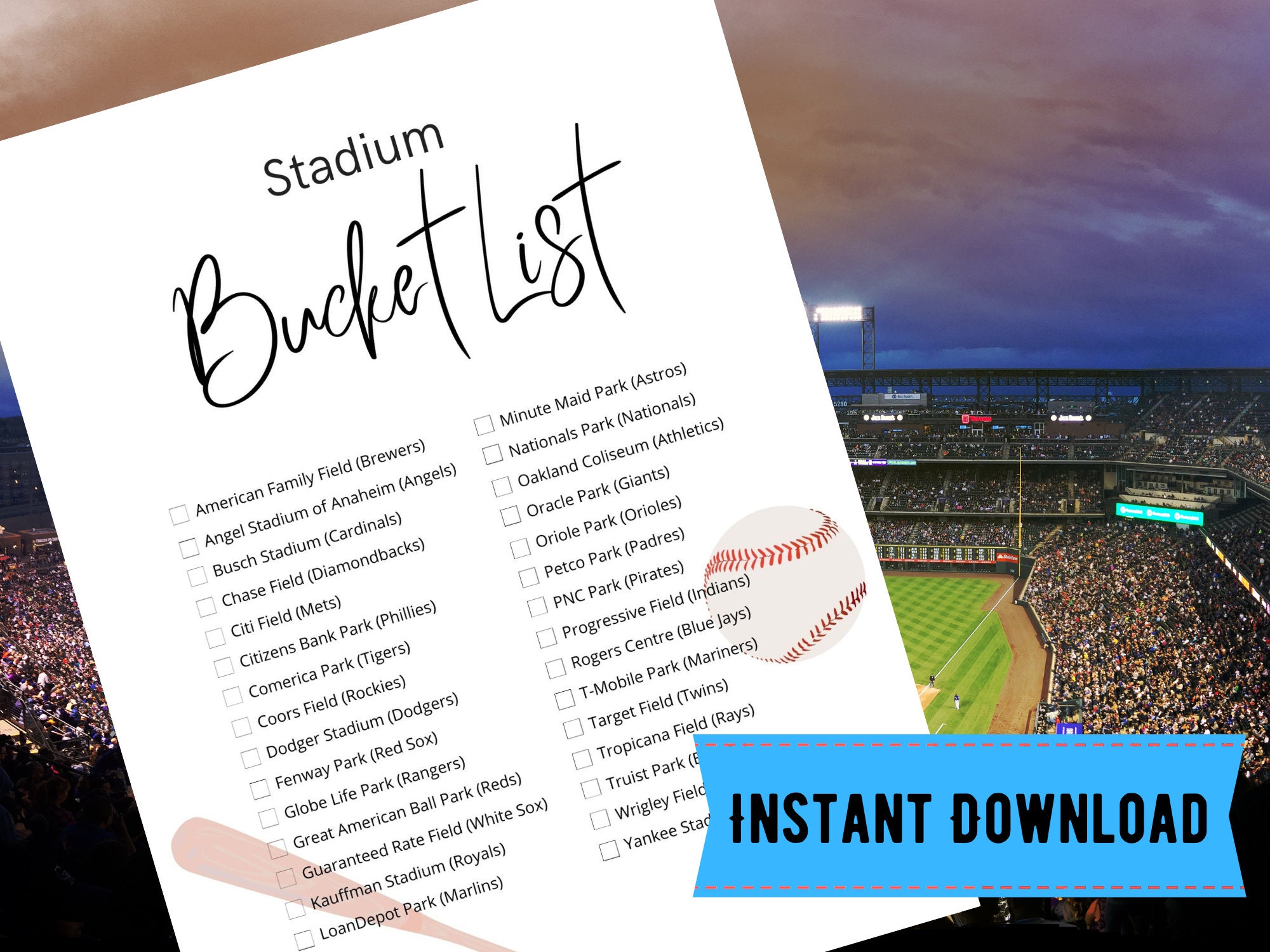 Stadium Bucket List, Baseball, Printable, Baseball Print, Major League