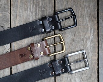 4.5mm thick veg tan / full grain harness leather belts, Solid brass or Stainless steel buckles, Made to size