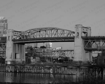 BLACK AND WHITE Digital Download Photography, Vancouver, Burrard Street Bridge, Landscape Picture, Skyline Photo, Downtown Photograph