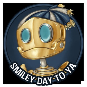 May include: A gold robot with a blue and white striped hat, wearing a friendly smile. The robot has large, round, blue eyes and a gold body. The text "SMILEY DAY TO YA" is written in a white circle around the robot.