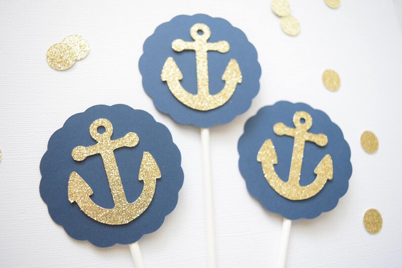Nautical Party Decor Anchor Cupcake Toppers Set of 12 Nautical Cupcake Toppers Gold Anchor Cupcake Toppers Glitter Cupcake Toppers