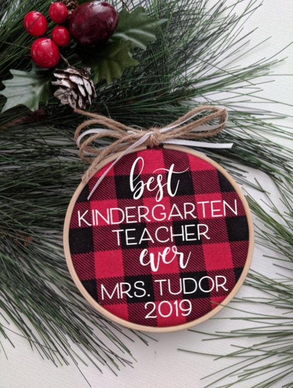 Buffalo Plaid Ornament, Teacher Christmas Ornament, Custom Christmas Ornament, Kindergarten Ornament, Rustic Ornament, Wood Ornament Il_570xn