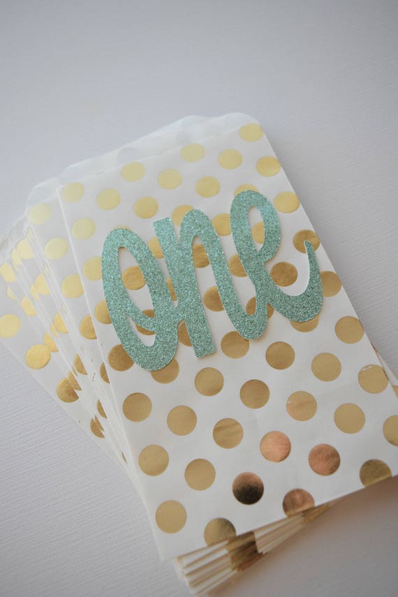 Gold Favor Bags, First Birthday Favors, 1st Birthday Favor Bags, Mint and Gold Favor Bags, 1st Birthday Decor, Favor Bags, Set of 12 Il_570xn