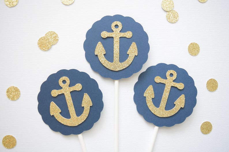 Nautical Party Decor Anchor Cupcake Toppers Set of 12 Nautical Cupcake Toppers Gold Anchor Cupcake Toppers Glitter Cupcake Toppers